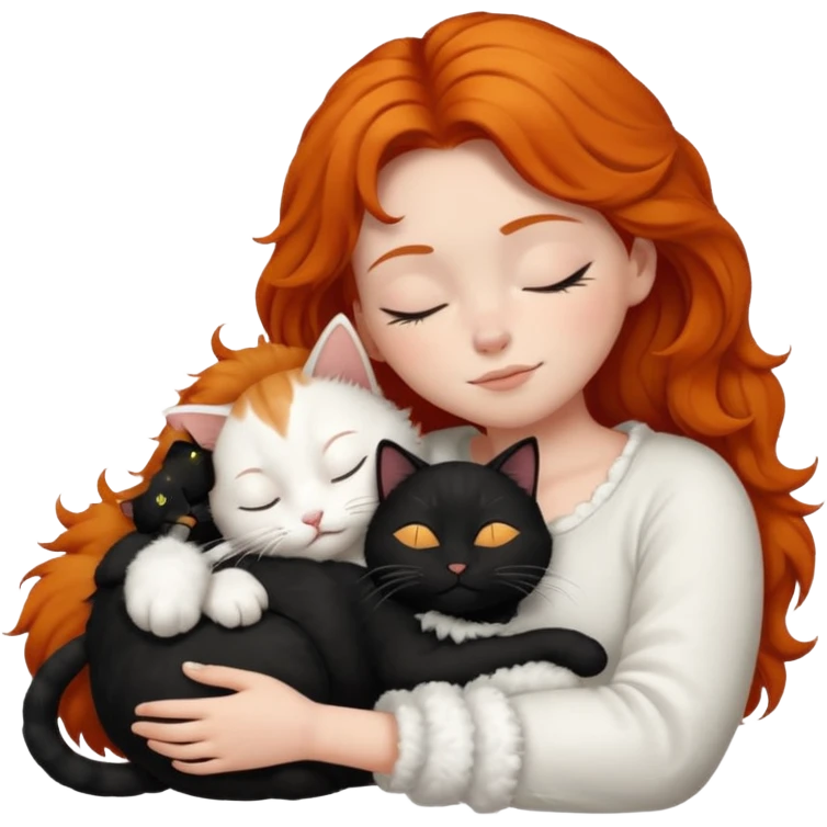 short hair Ginger Girl sleeping with a black and a white bigger cat  emoji