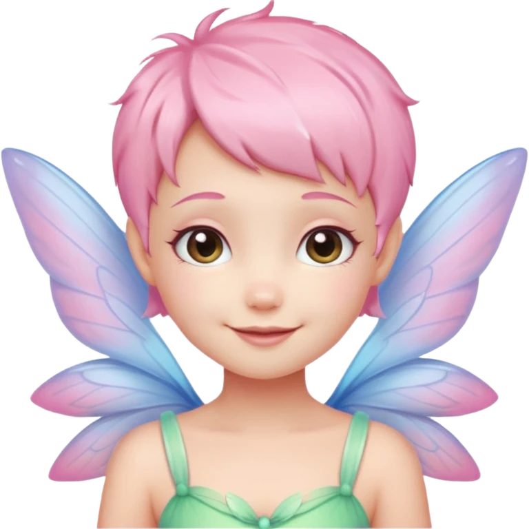 A tiny pastel fairy with pink short hair with glowing wings and a sweet smile  emoji