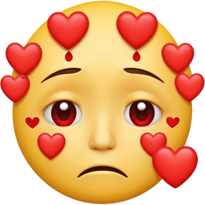 A yellow circular frowning face that is crying, with a dozen hearts floating from top to bottom in front of it emoji