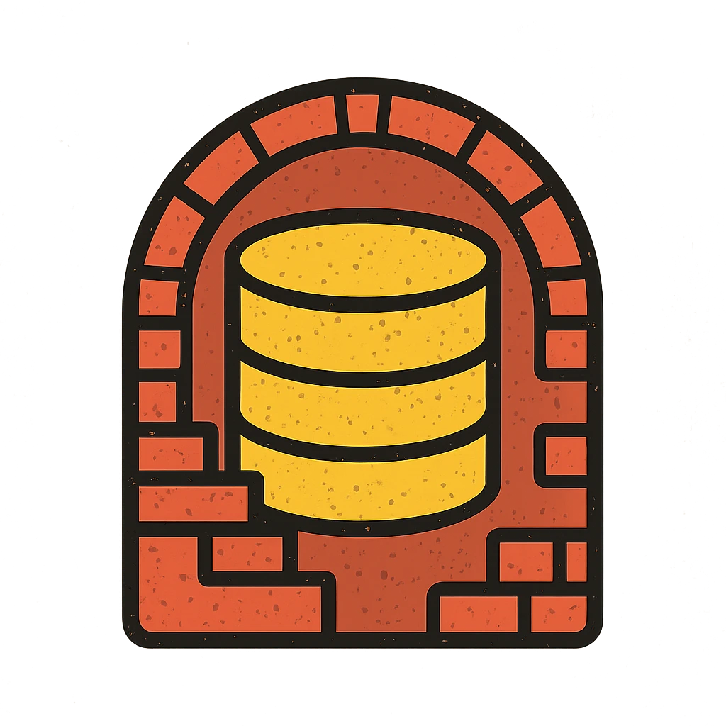 minimalist icon of a database cylinder (disk) in a basement or underground setting with simple stairs, arch, or brickwork, worn distressed effect emoji