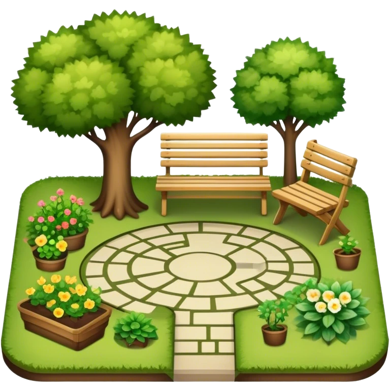 Icon for Landscape Design: a garden layout with trees, plants, pathways, and outdoor furniture, along with design tools like a ruler, pencil and sketchpad. The icon should represent the creativity and planning behind landscape design. Transparent background. emoji