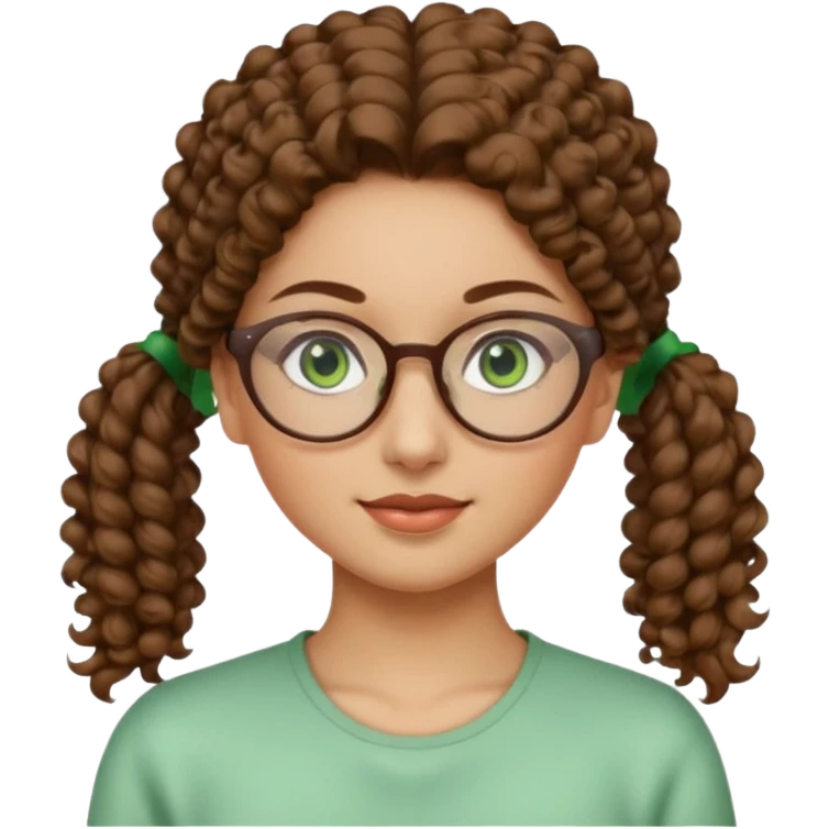 iranian woman, tight curly light brown hair in pony tail, glasses, green eyes, pretty, oval shape face emoji