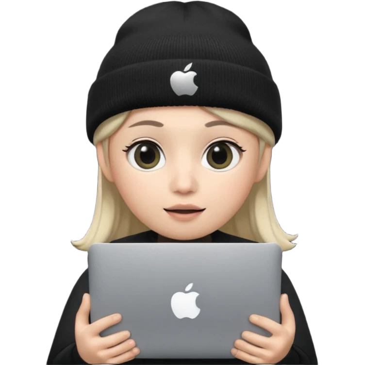 Apple-style Memoji face with big eyes and black beanie, holding silver laptop covering mouth with solid black pear logo (no bite), clean soft lighting, simple round background. emoji