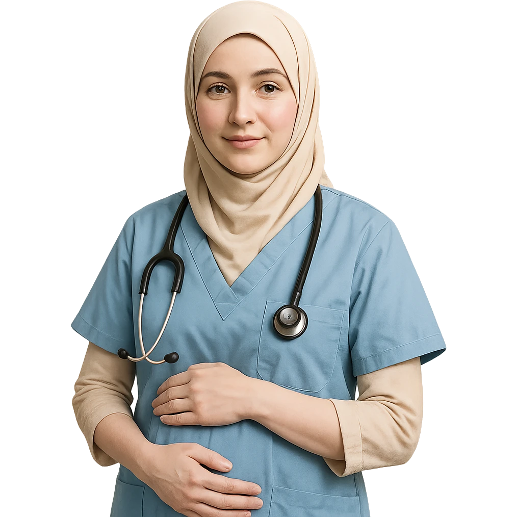 a hijabi midwife with pale skin, gentle expression, medical attire, stethoscope, caring pose emoji