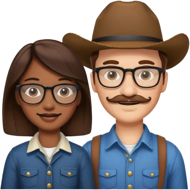 White brown cow boy with glasses and mustache with black girl emoji