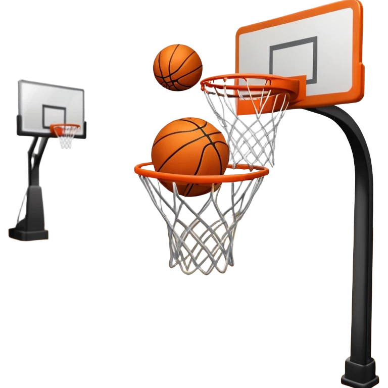 A close-up shot of a basketball entering the hoop, with the ball swishing through and inside  the basket. The background features a blurred basketball court, emphasizing the perfect shot and the excitement of the game. emoji