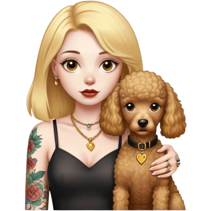 a  girl with glod  straight hair and tattoos and 2 brown poodles emoji