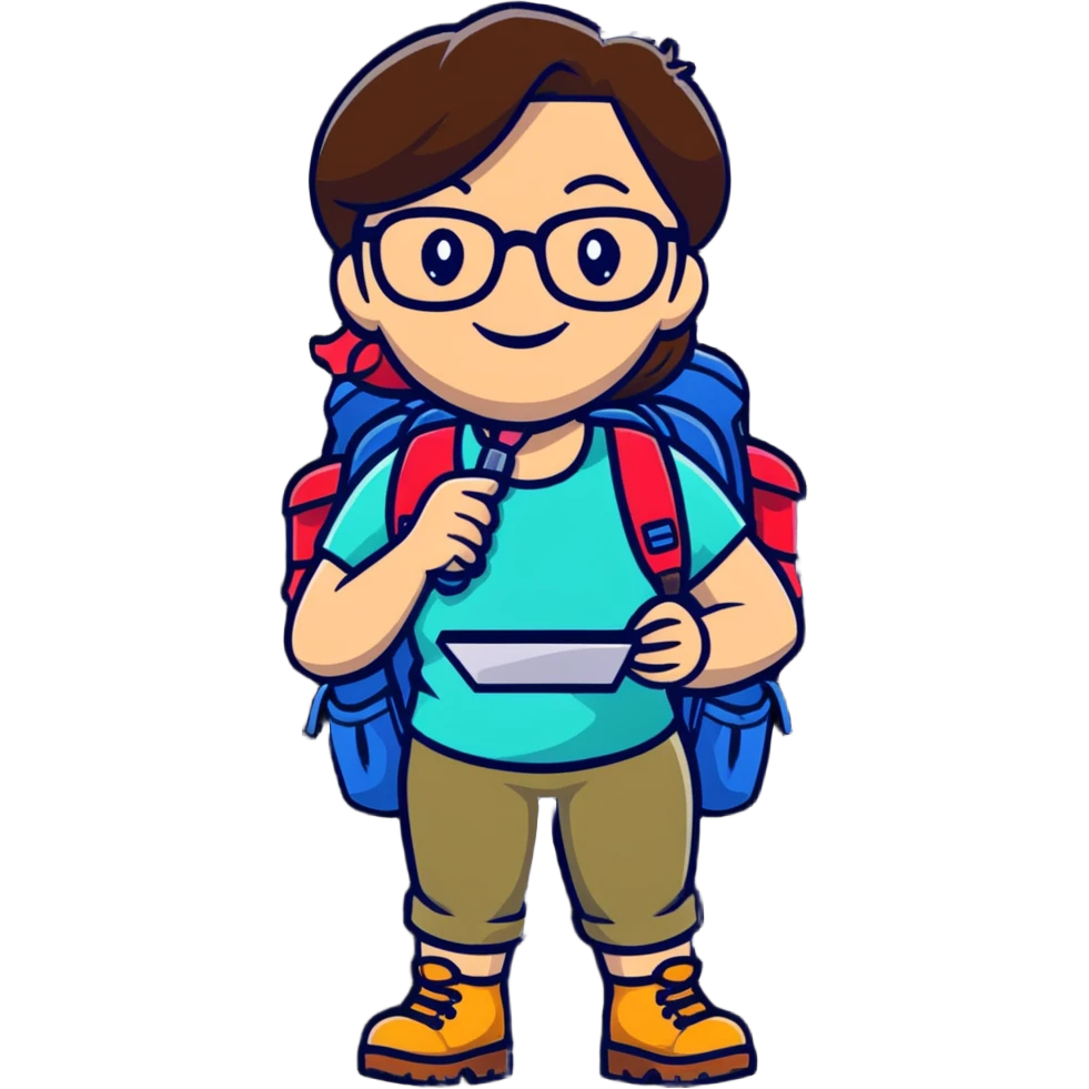 Very cheerful excited woman in her 40s with glasses wearing sporty outfit, hiking boots, and backpack, holding a magnifying glass with big smile emoji