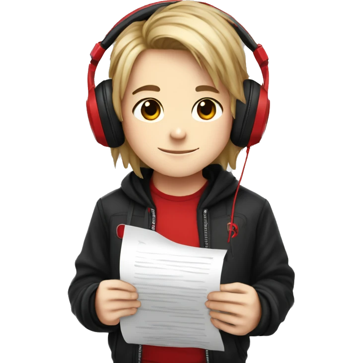 A chibi boy with long hair, in a black jacket with a red T-shirt, wearing marshall major 4 headphones, reads the text from a piece of paper emoji