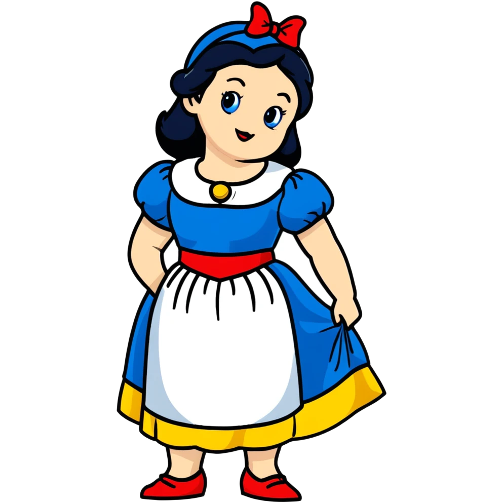 Snow White standing gracefully in a lush forest, surrounded by the Seven Dwarfs emoji