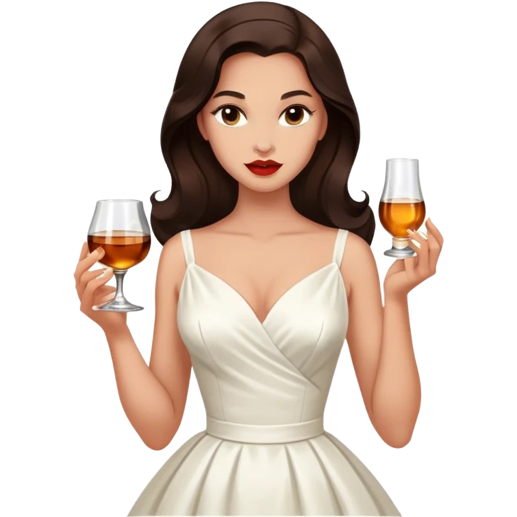 Beautiful woman in 1950’s woman fashion look, white dress, long dark brown hair, whisky with ice emoji