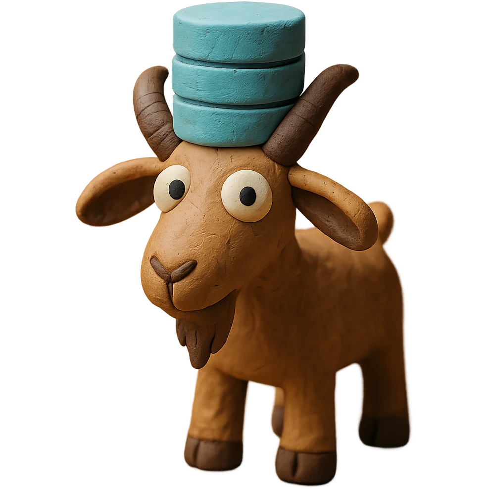 claymation style goat with a database on its head emoji