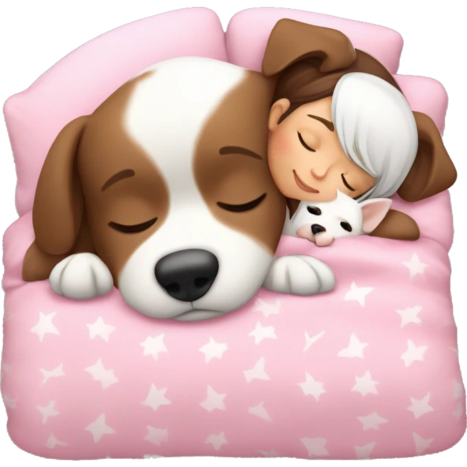 Brown haired girl in pink pjs sleeping with white little dog emoji