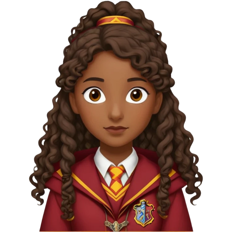 Alicia Spinnet in harry potter, wear hogwarts gryfindor uniform, long, dark, curly ponytail hair, dark skin emoji