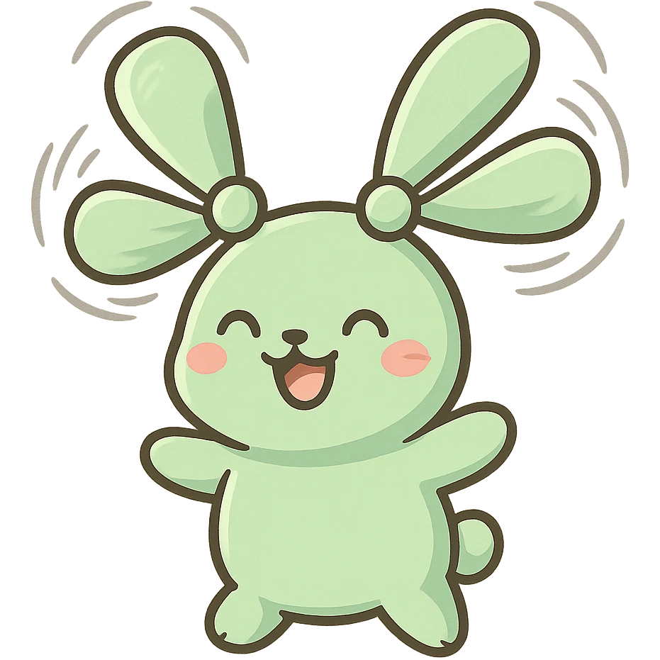 pastel green bunny with fan blades for ears, spinning, cheerful expression, full-body emoji