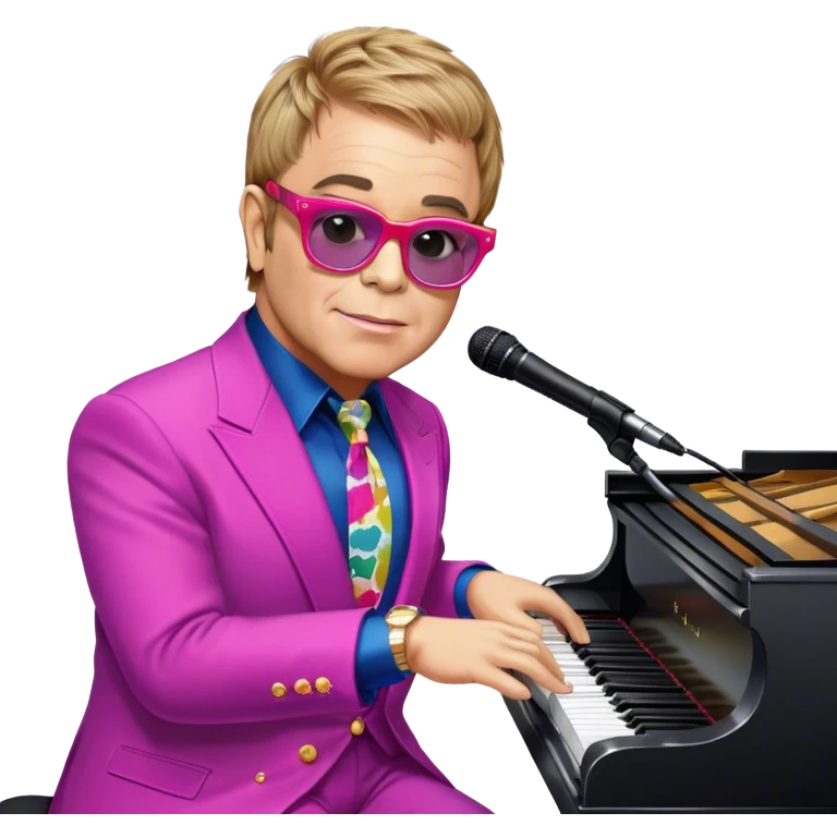 Pop music icon: Elton John at the piano in signature glasses and colorful outfit, George Michael holding a microphone in stylish attire. Stage lights and musical notes in the background. Transparent background. emoji