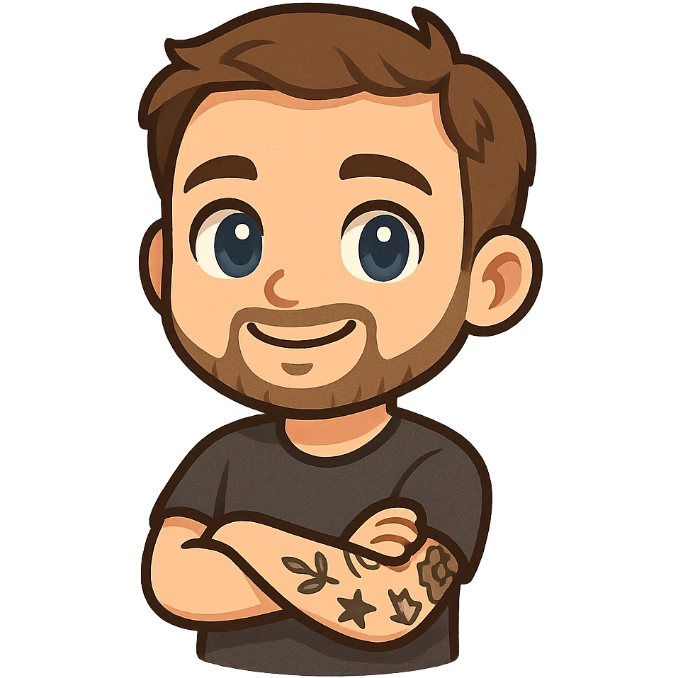 man, 25, blue eyes, brown hair, short beard, arms crossed, smiling, tattoos on left arm, cartoon emoji emoji