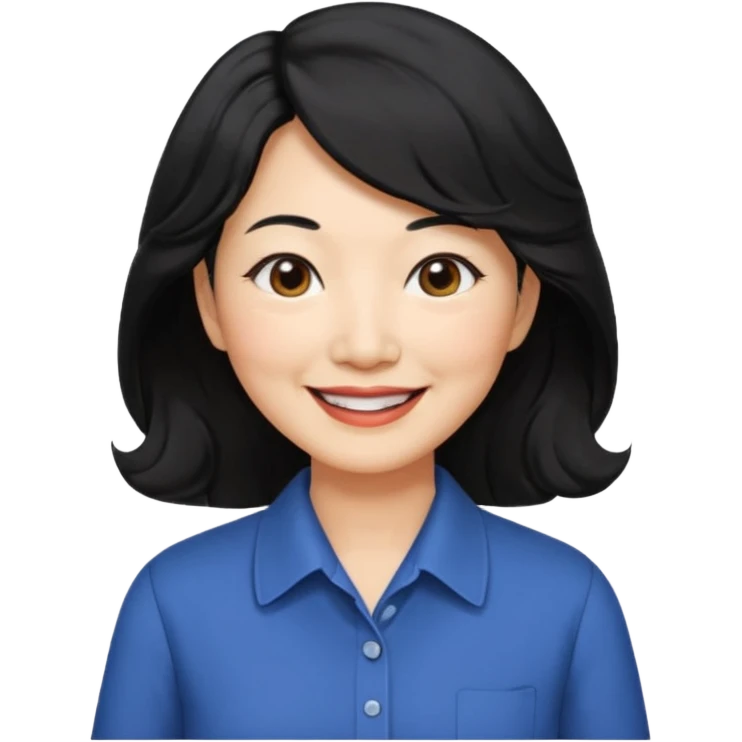 60 yr old asian woman, wavy thick black hair past shoulder length, side part, side swept bang, big smile, collared shirt emoji