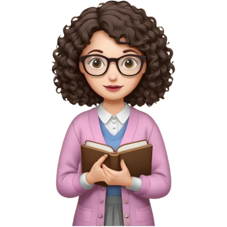 A crazy female scientist, with curly-wavy dark brown hair, brown eyes and light grey glasses and pale skin and pinkish lips, dressed to look like an english teacher emoji