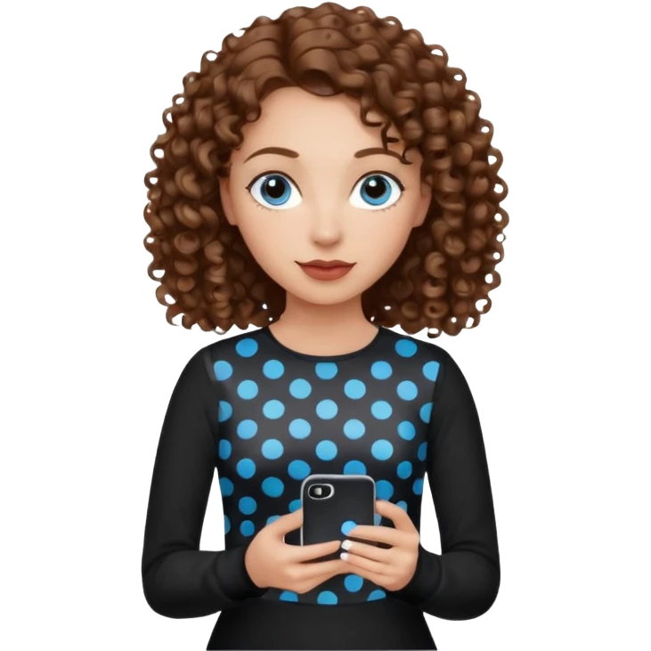 generate a pretty woman with blue eyes, light skin and medium brown curly shiny hair holding an iphone with a black and white polka dot case. she is looking at the phone and holding it in her hand. she is wearing a black long sleeve emoji