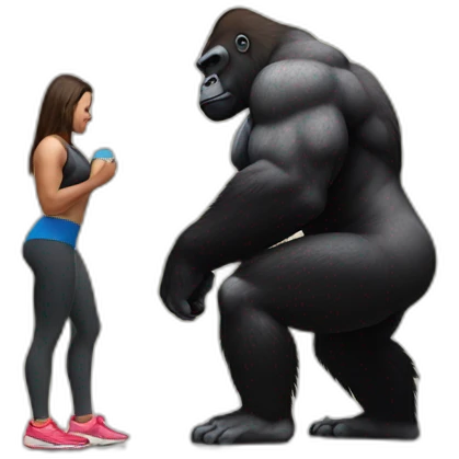Big buff Gorilla holding a beautiful girl doing squats emoji