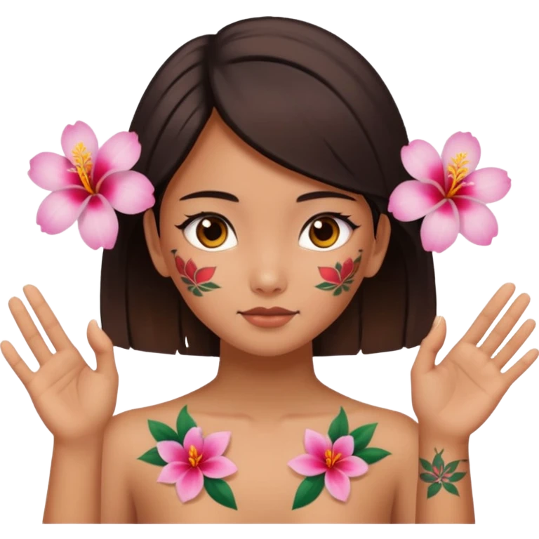 make me an image of a girl from hong kong with brown eyes and a hong kong flower tattoo on her back flipping off the camera emoji