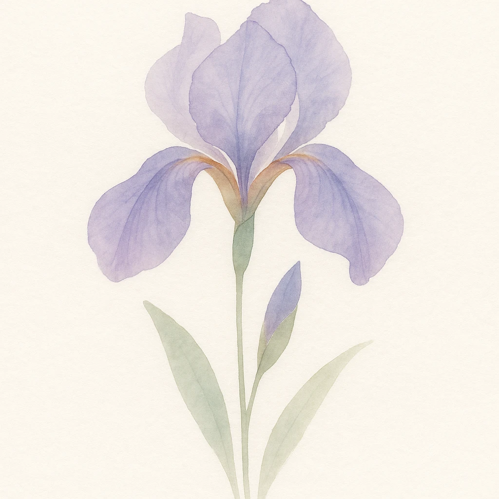 very detailed iris flower, watercolor art style, delicate petals, vibrant purples and blues, soft gradients, realistic botanical details emoji
