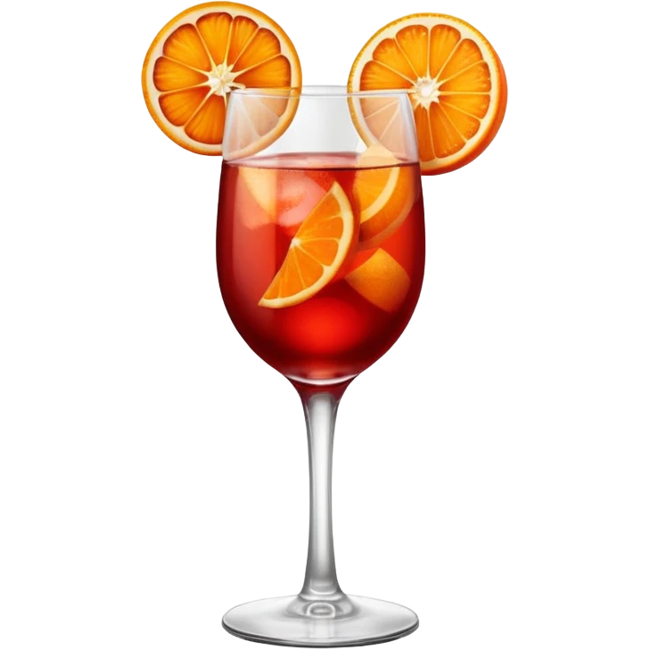 A tall elegant wine glass filled with bright red Campari spritz, with bubbles, an orange slice, and a curled orange peel garnish. emoji