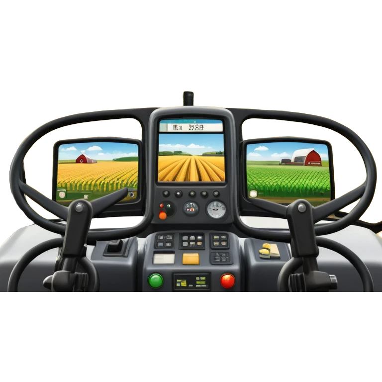 a view from the tractor cabin, with the dashboard in focus, overlooking a vibrant rural landscape. Inspired by Farming Simulator 22, the scene includes fields, crops, and distant barns under a bright sky. The design highlights the immersive experience of farm management. transparent background emoji