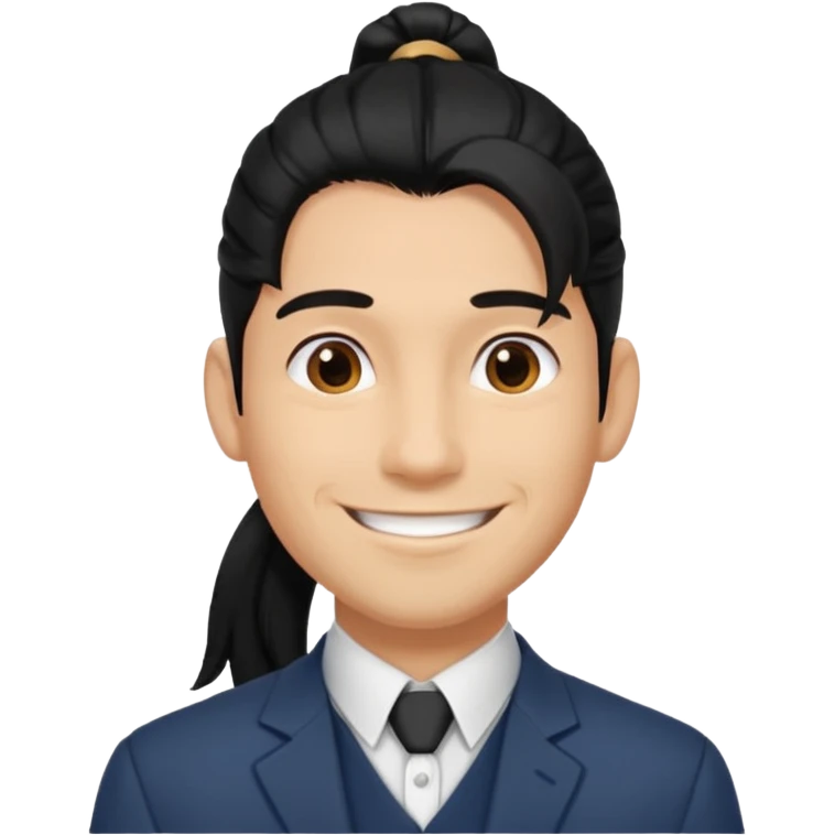 black long pony tail hair man with polite outfit smile warmly emoji