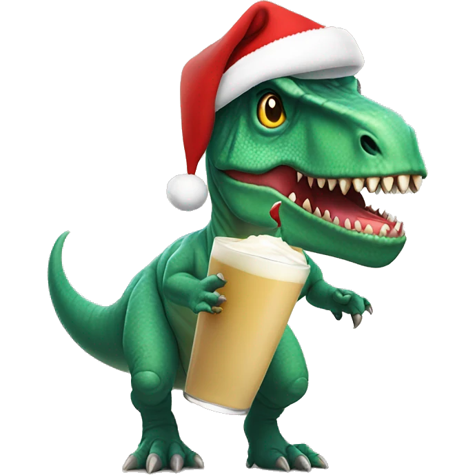 T-Rex with a Santa hat holding a glass of eggnog  emoji