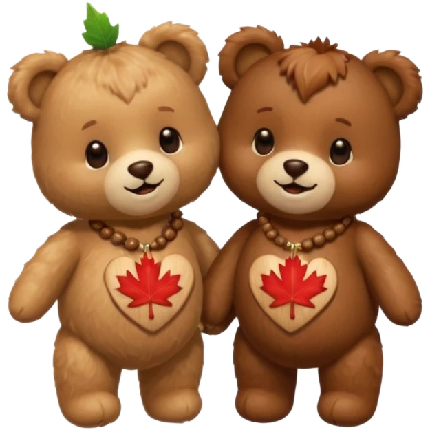 2 fluffy Teddy bears in love. One has an acorn necklace and a maple leaf necklace  emoji