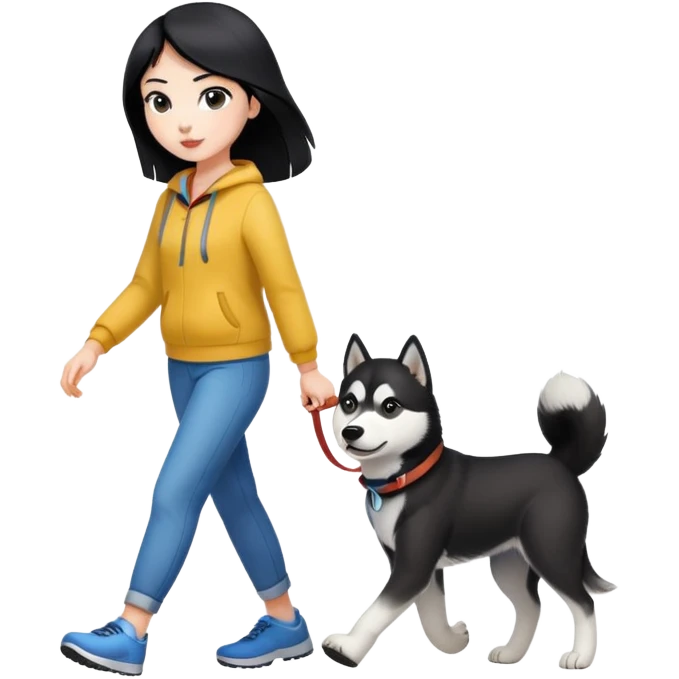 A black-haired girl walks a black and white husky emoji