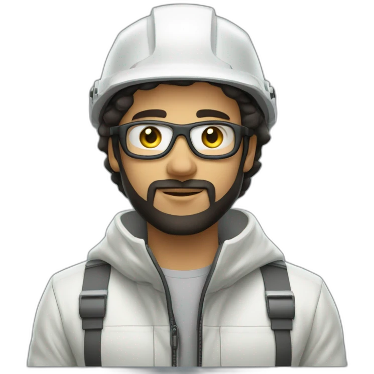 A young Mechanical engineer with a light black beard, a white helmet and a phosphorescent protection jacket emoji
