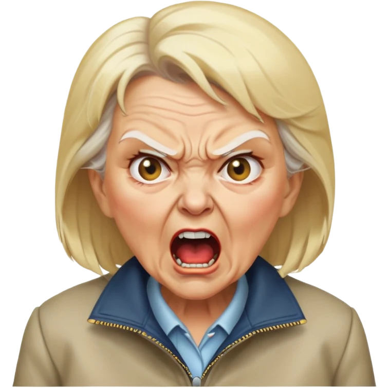 angry old lady with blonde hair and a jacket, yelling expression emoji