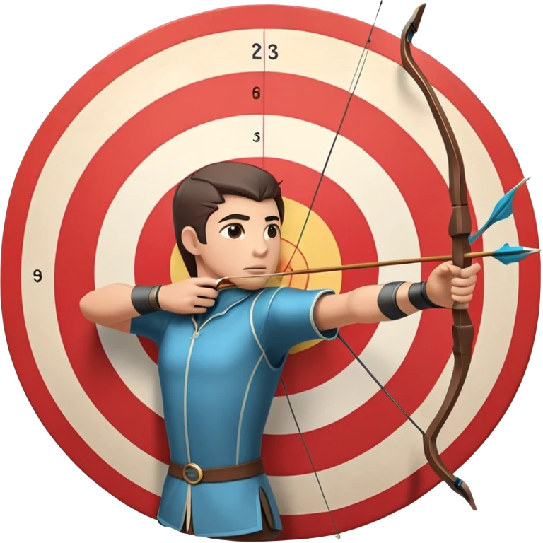 An archer drawing a bow and aiming an arrow at a target, with perfect focus and precision. The target is visible in the background, featuring concentric rings. The scene captures the concentration and skill involved in archery, emphasizing the elegance and accuracy of the sport. emoji