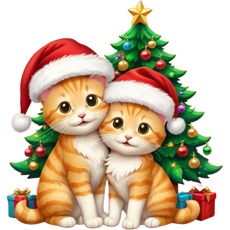 two hugging golden tabby happy fluffy cute smiling kittens with Santa hats by a colorful multicolored brightly lit up Christmas tree emoji