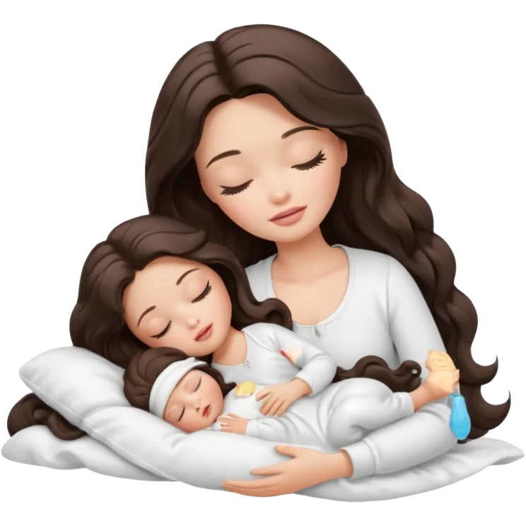 White Barbie girl dark brown long wavy hair in white clothes sleeping with white baby at cream bed, eyes are closed emoji