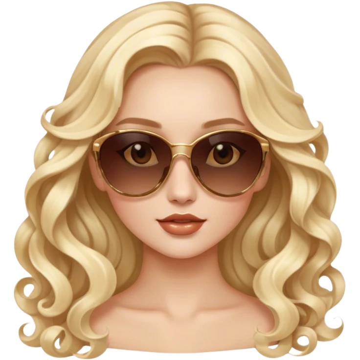 Luxury blonde model, brown eyes, sunglasses on head, long soft curls emoji