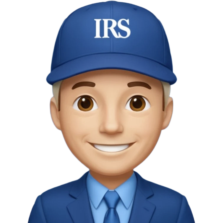 a man dressed in a blue suit with a cap on that says IRS emoji