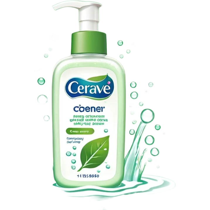 `CeraVe-shaped cleanser white rectangular pump bottle with soft green label CeraVe” stripe. Surrounded by floating water bubbles, glowing light particles, and a gentle green mist. Feels like a calm hydration spell in a bottle. Clean, glossy, emoji-style.`magical
 emoji