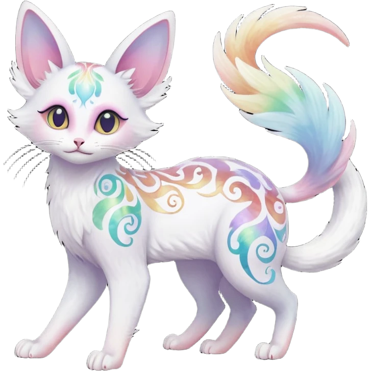 Jumping-Pure-snow-White albino iridescent with pastel rainbow-gradients-color-markings with swirly patterns butterflies  faerie-Noivern-Noibat-Purloin-Torracat-Lykoi-Caracal-cat-Fakemon-fusion-hybrid-creature- emoji