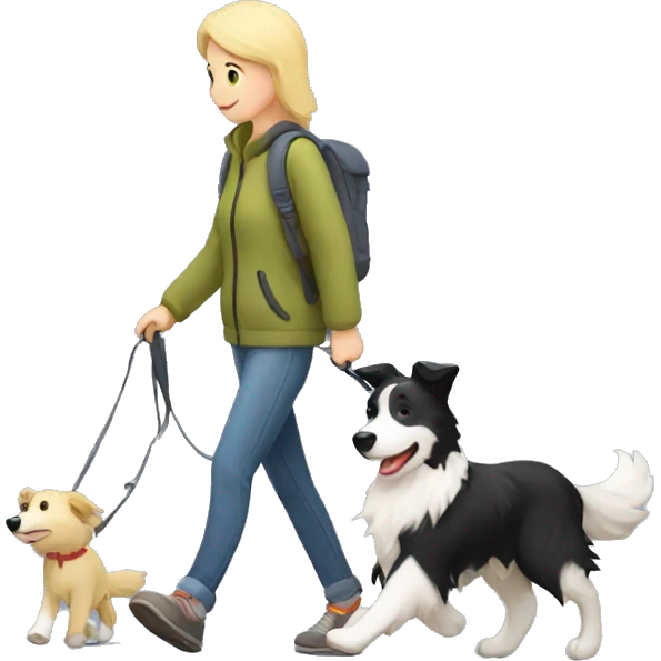 border collie dog walking with his owner walking with his blond owner emoji