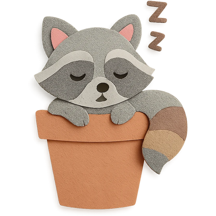 a sleepy raccoon inside a flower pot, pastel earthy colors, paper craft style emoji