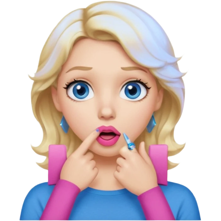 Girl Blonde short wavy hair,  blue eyes, cute blue top, long lashes, pink lips, shocked, hand over the mouth emoji