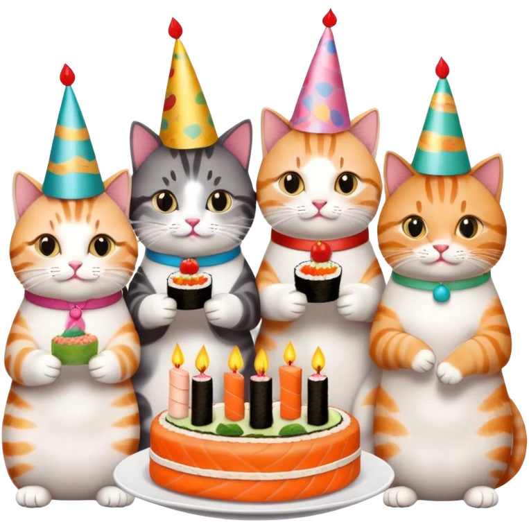 exactly six individual cats in a row celebrating one cat's birthday, each cat clearly visible and holding a piece of sushi, birthday cake in center, all six cats with party hats emoji