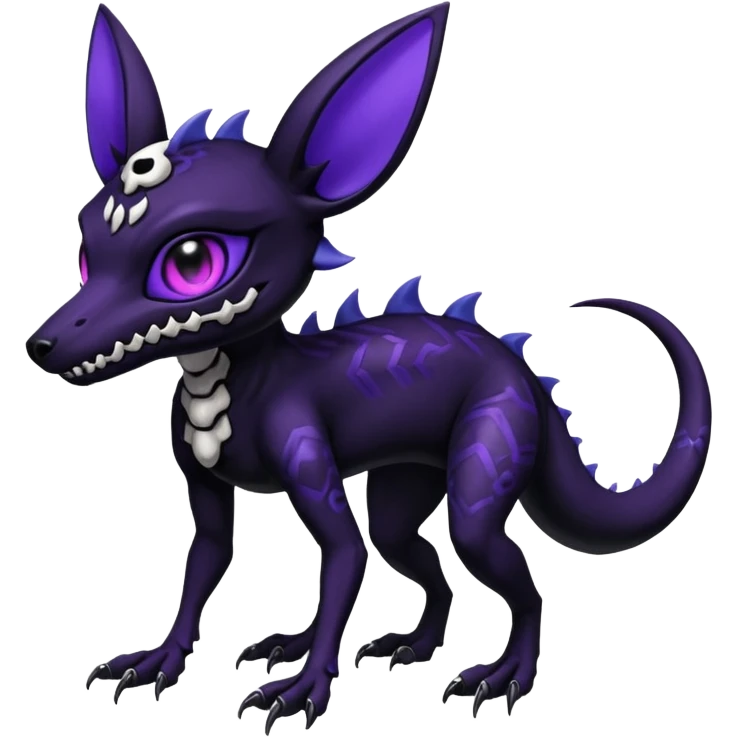 Gothic spooky Scaley Exotic Salandit-Umbreon-Noibat-Fakémon-hybrid-creature (full body), 4 legs, white skull face mask emoji