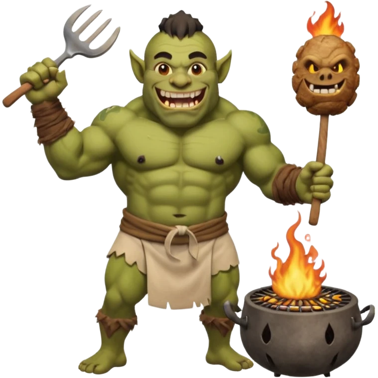 ork male master chef flipping huge kebabs on stone barbecue, muscular, loincloth or shorts, big tusked grin, smoke, centered emoji emoji