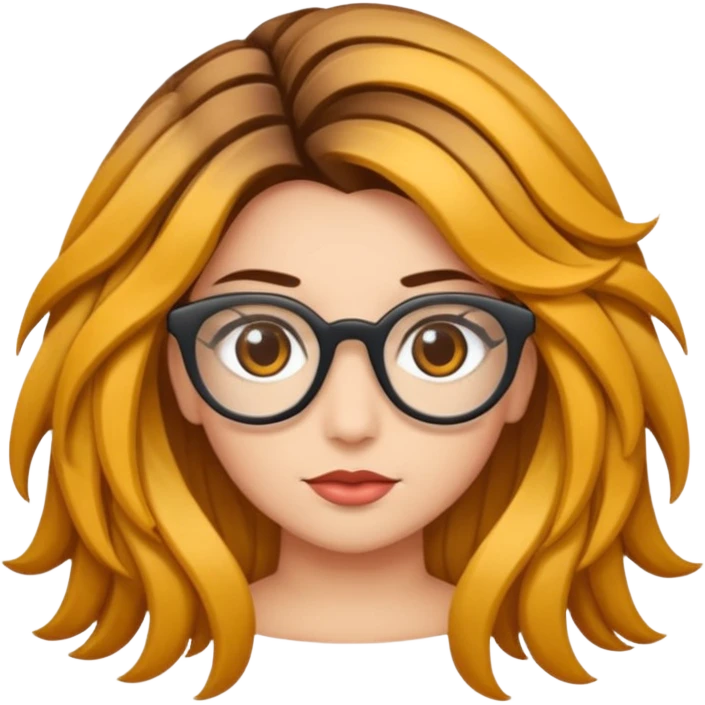 Uma garota de cabelos cacheados compridos e mechas loiras, com pele morena  e óculos emoji