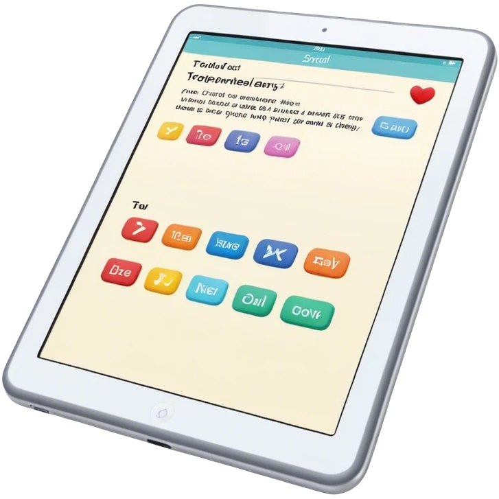 Create an emoji representing fanfiction writing. The design should feature a digital device tablet with visible text, symbolizing the creative process of writing fanfiction. Add a subtle reference to popular fictional characters or universes to indicate the fan aspect. Use a playful, imaginative color palette, blending vibrant tones with soft neutrals. Do not include any emojis or smiley faces. Make the background transparent. emoji